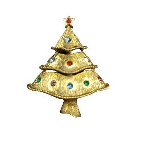 Vintage Signed JJ Gold Tone Small‎ Christmas Tree with Rhinestones Pin Brooch